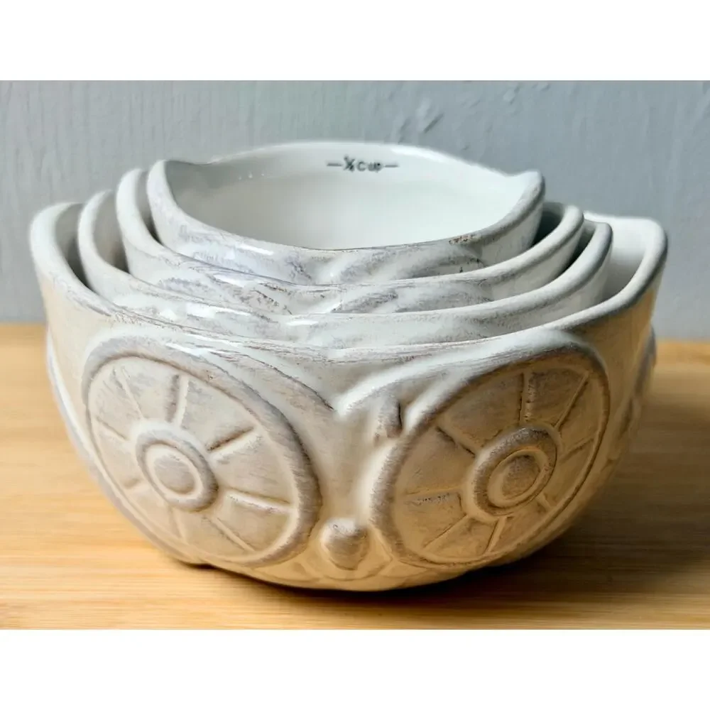 Vintage 1970s Ceramic Owl Nesting Measuring Cups, Set of 4